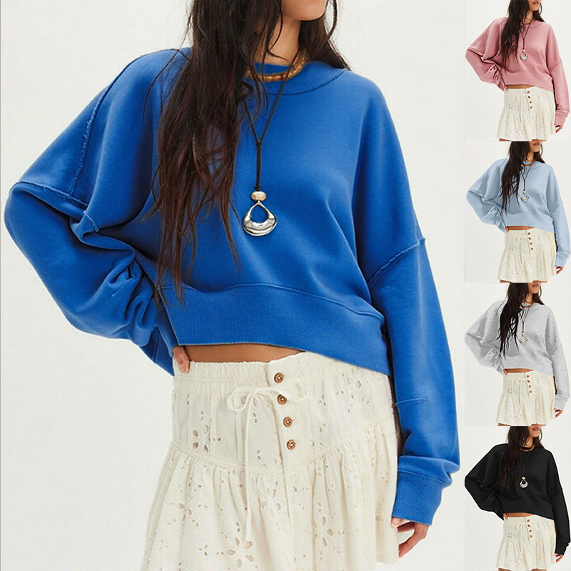 Women's Solid Color Long Sleeve Pullover Sweatshirt Casual Loose Outerwear For Autumn/Winter American Style Short/Long_voghion.com