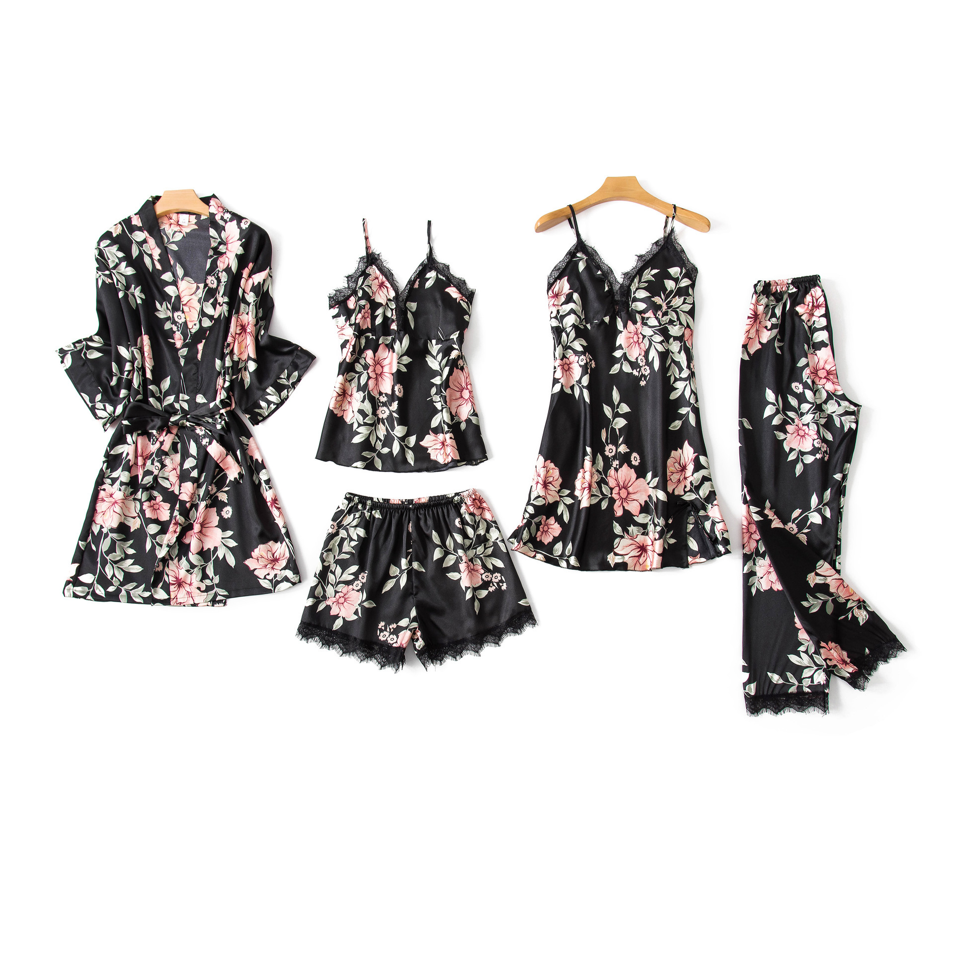 Pijamas de cinco piezas de primavera y otoño de las mujeres falda Liga sexy camisón de estilo japonés seda artificial dulce encaje ropa para el hogar