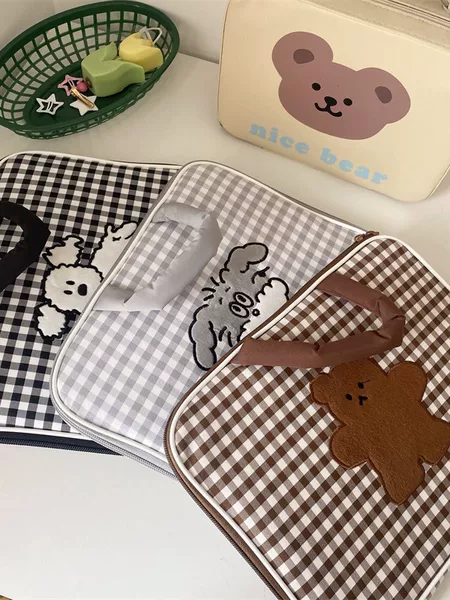 Laptop Handbag Embroidered Checkerboard Cute Cartoon Laptop Storage Bag Flat Protective Cover Inner Bag