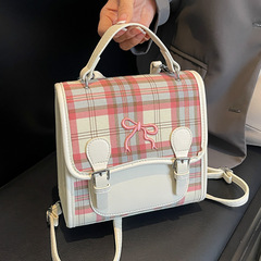 休閒百搭格子女雙肩包2024新款出遊旅行後背包撞色時尚手提小書包