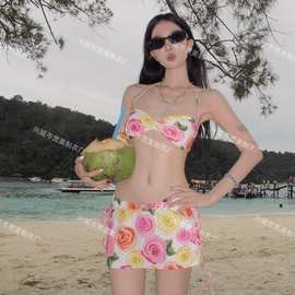 新款甜辣妹设计感玫瑰印花吊带背心三角裤内衣比基尼两件套女