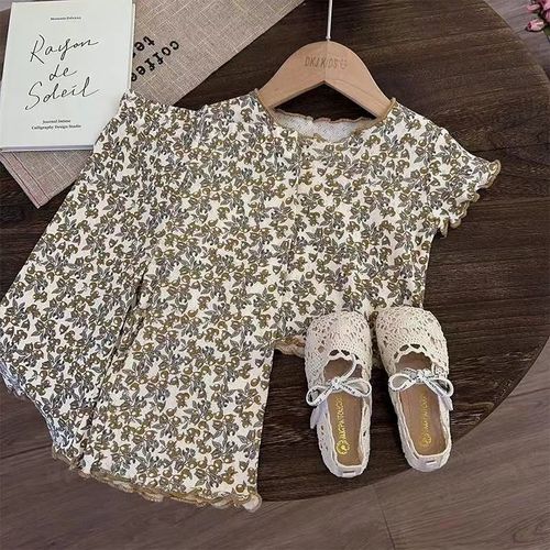 Girls' Sleepwear 2025 Summer Floral Princess Style Little Girls' Home Suit Set Thin Women's Baby Summer Clothing
