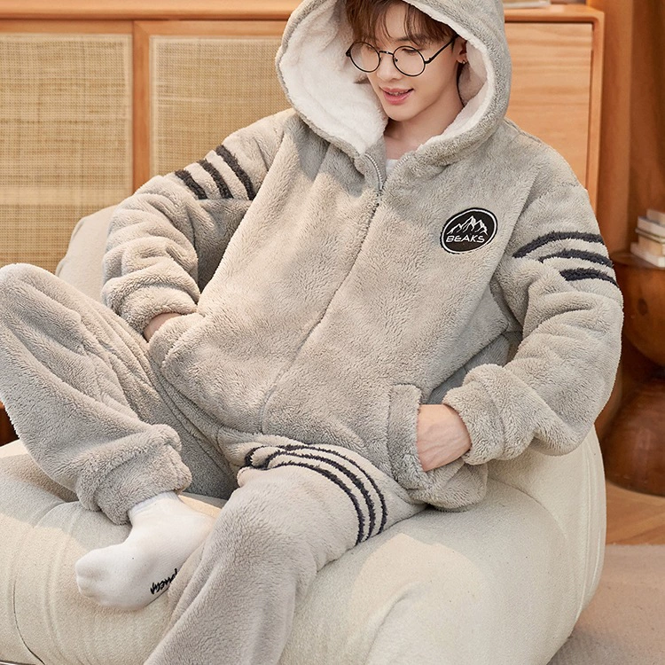 Мужской зимний пижамный костюм из кораллового бархата fleece, утепленный фланелевый демисезонный комплект, увеличенная толщина, плюс размер