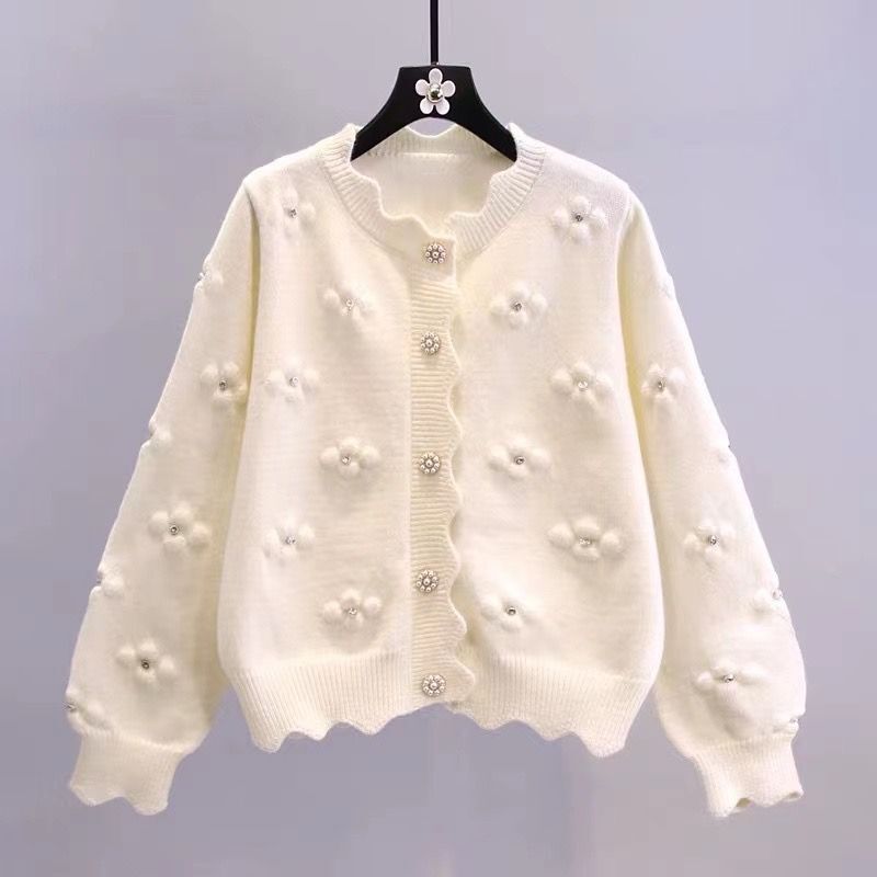 Brand Discount Cut Label Clearance Foreign Trade Spring and Autumn Three-Dimensional Beaded Floral Sweater Cardigan Women's Stylish Knitted Cardigan Trendy