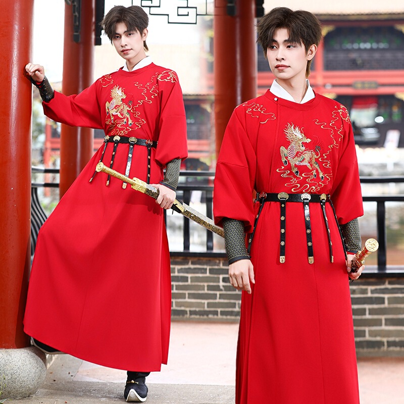 Original New Ming Style Round Neck Robe Men's Red Robe plus size Tang Style Guofeng Student Group Clothing suit for Men and Women