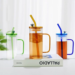 跨境方形带盖子高硼硅玻璃吸管杯果汁玻璃杯彩色带把水杯牛奶杯