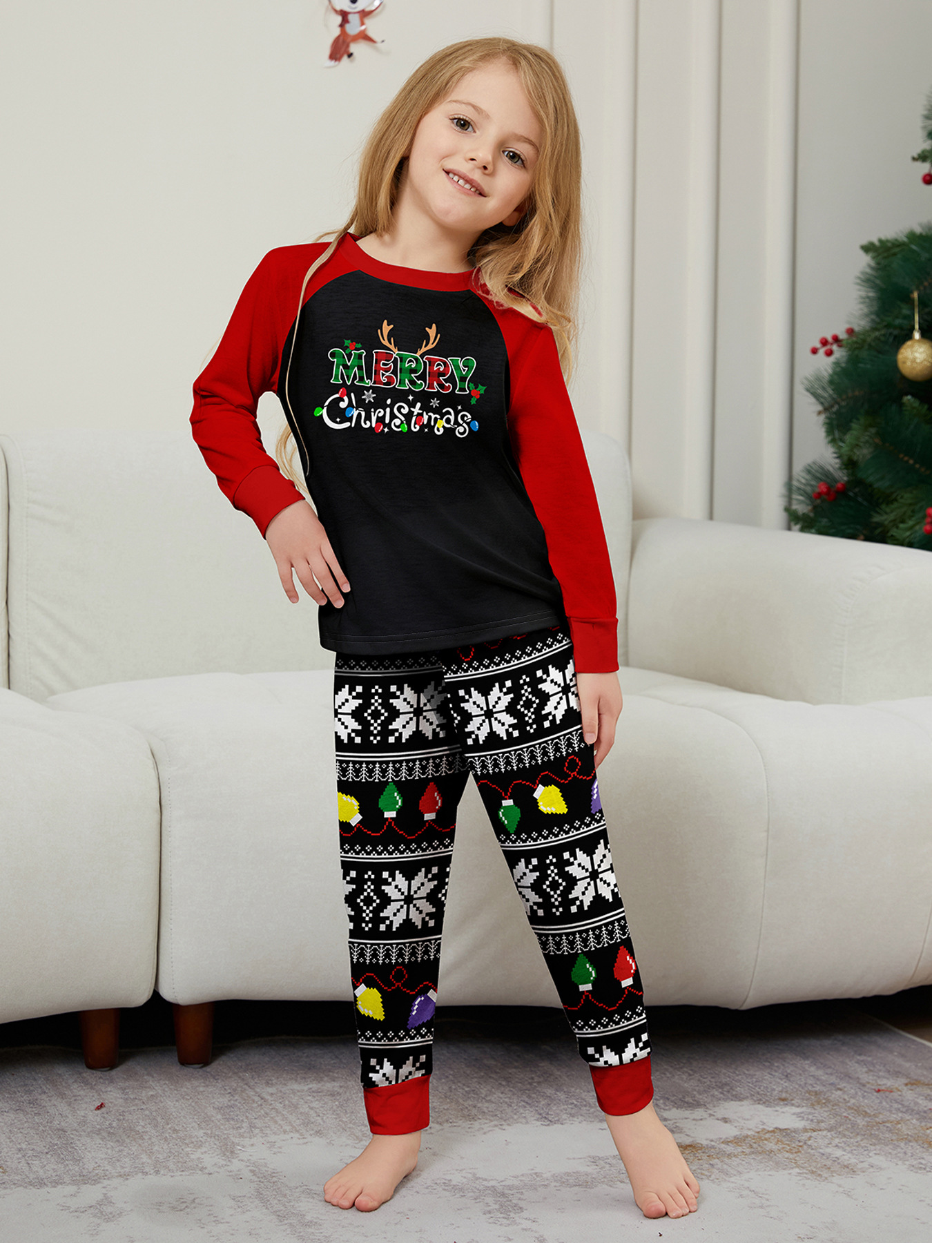 Pyjama imprimé pour la maison avec lettres de Noël et rayures en flocons de neige_voghion.com