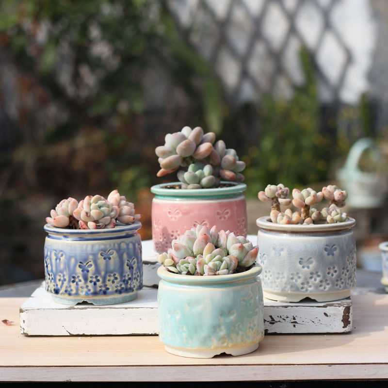 New Handmade Stamp Fleshy Flower Pot Ice Cracked Butterfly Carving Stoneware Pot Straight Kiln Variable Flow Glaze Old Pile Pot Pottery Pot