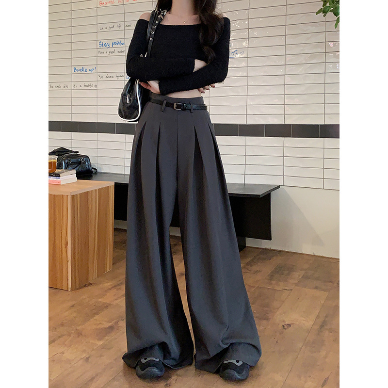 女性のためのハイエンドのドレープグレーのスーツパンツ春の新しいハイウエストストレートワイドレッグパンツカジュアルパンツフロアレングスパンツ|undefined
