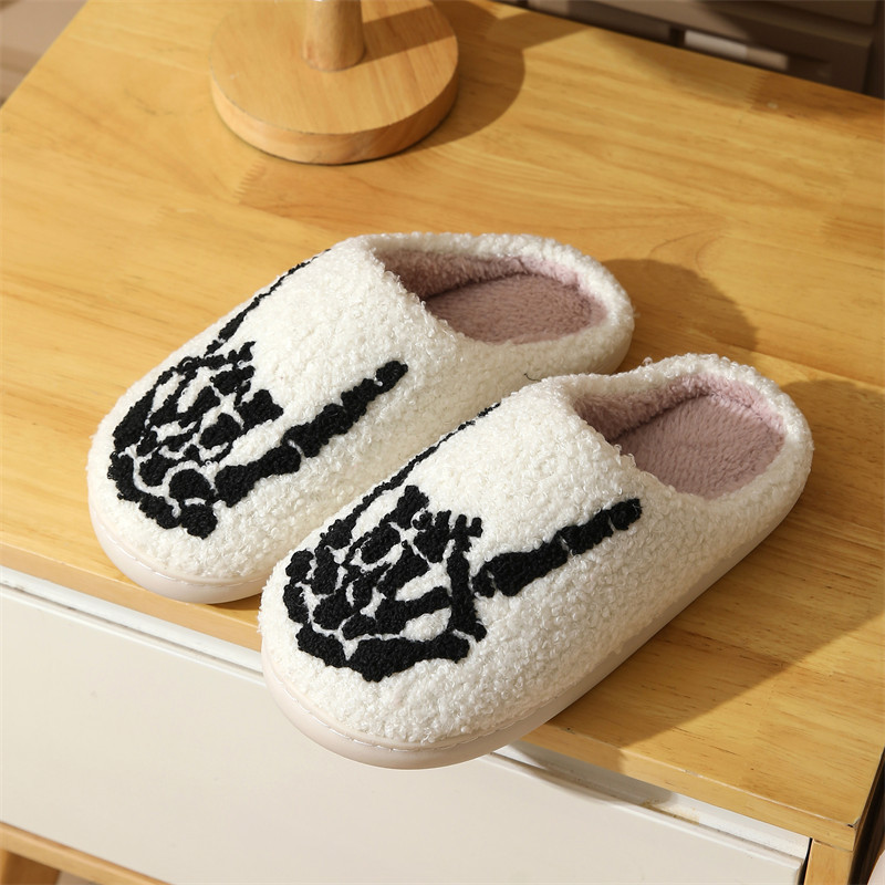 Skull Finger Pattern Skull Embroidery stuffed Home Platform Cozy Wool Cotton Slippers Rock Finger Warm Non-slip Indoor Slippers S044_voghion.com