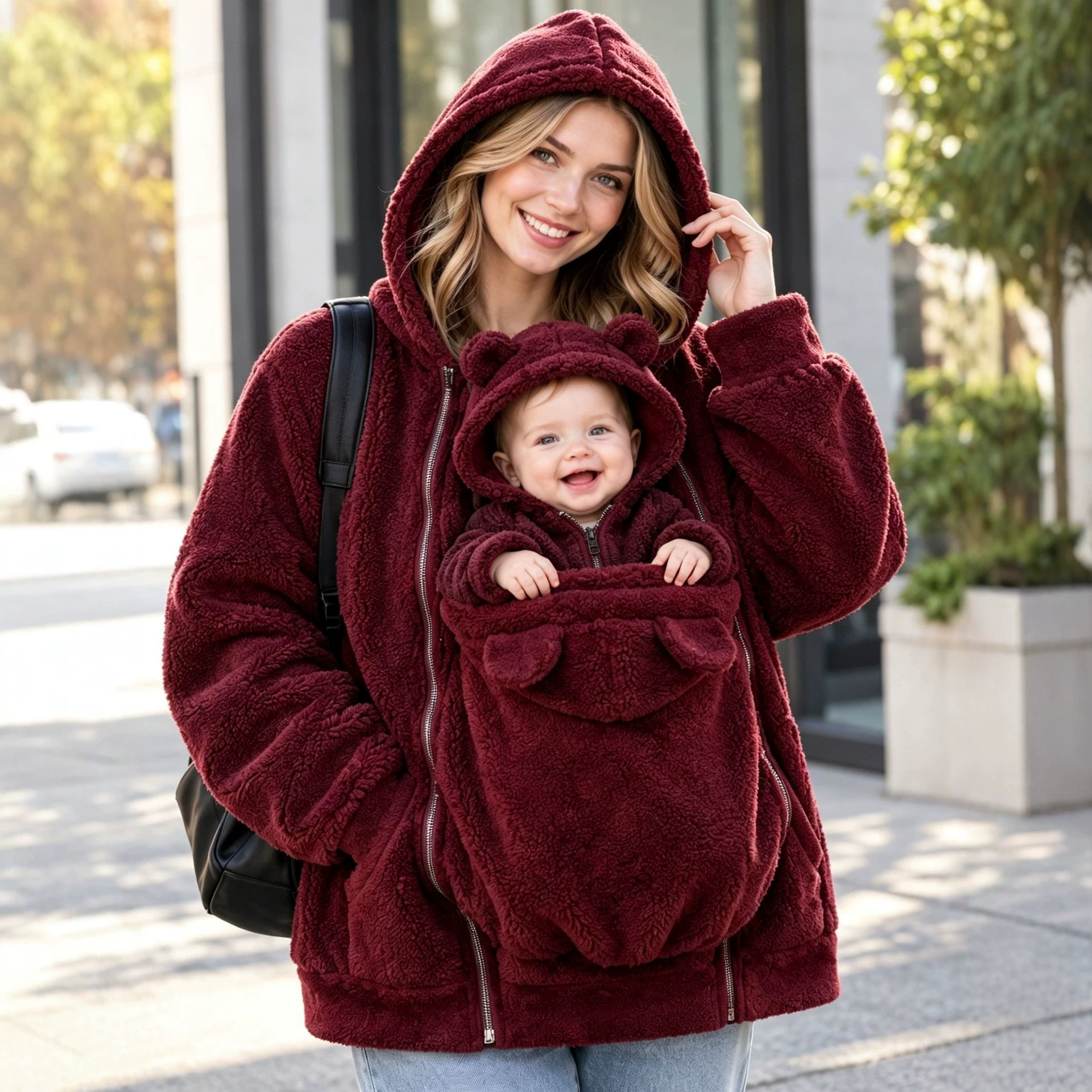 European and American cross-border women's autumn and winter new hooded plush coat, solid color fleece zippered kangaroo pocket parent-child coat for women