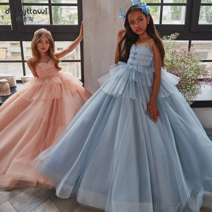 跨境貨源兒童禮服公主裙蓬蓬紗花童婚紗女童拖尾裙外貿歐美風ebay