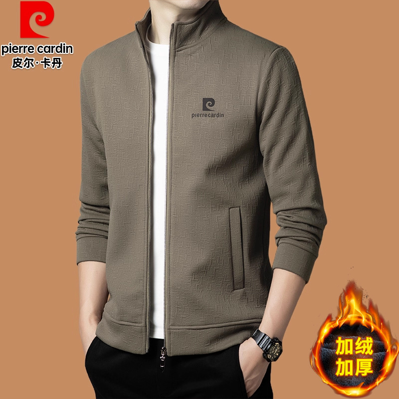 Pierre Cardin Autumn and Winter New Casual Stand-Up Collar Jacket Men's Velvet Thickeneded Daddy Sweatshirt Cardigan Warm Jacket
