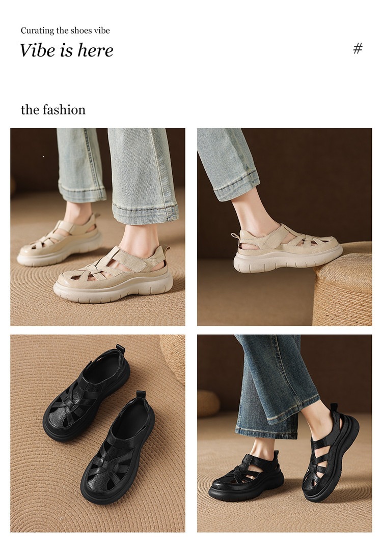 Sandal nữ đế dày da cừu phối quai ngang phong cách học đường — màu đen, màu trắng ngà chi tiết 1