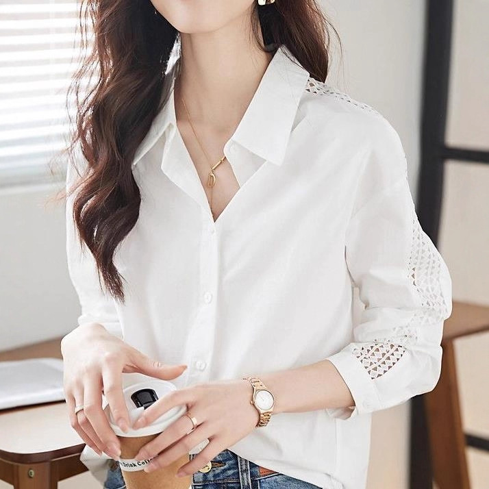 Simple Elegant Shirt, Spring and Autumn Style, Hollow Sleeves, Textured Commuting Versatile Women's Shirt