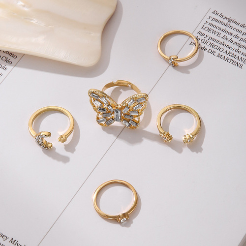 Cross-border best-selling diamond-encrusted large butterfly index finger ring 5-piece set Golden star and moon combination set open ring