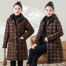 冬季中老年新款加绒格子中长款连帽棉衣加厚棉服外套妈妈保暖棉袄