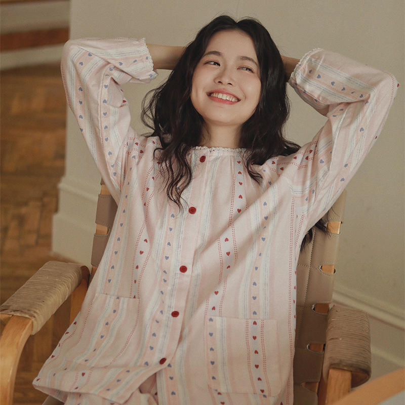 怦然心动69-新款居家纯棉磨毛睡衣女秋款日系长袖棉质家居服套装