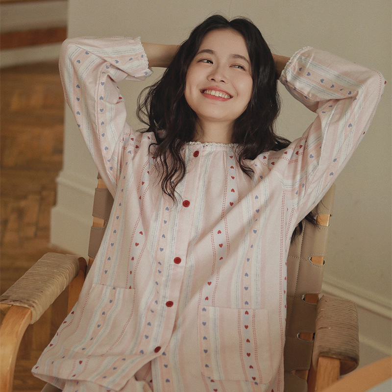 Heart-Pounding 75 - New Style Home Pure Cotton Flannel Pajamas for Women, Spring and Autumn Japanese-Style Long-Sleeve Cotton Loungewear Set