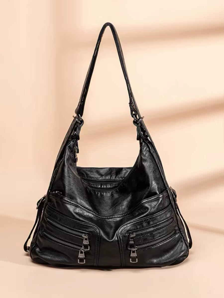 One-shoulder Bag, Genuine Leather, Spacious Shoulder Bag, Black