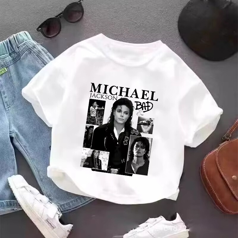 【Cross-Border Cotton T-Shirt】Retro Michael Jackson Graphic T-Shirt Summer Top Short Sleeve Boys' Fashion Clothing