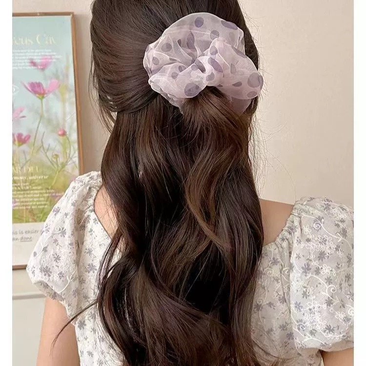 Oversized Hair Scrunchie, Purple Polka-Dot Mesh & Solid Satin, High-Elastic Durable 13 cm