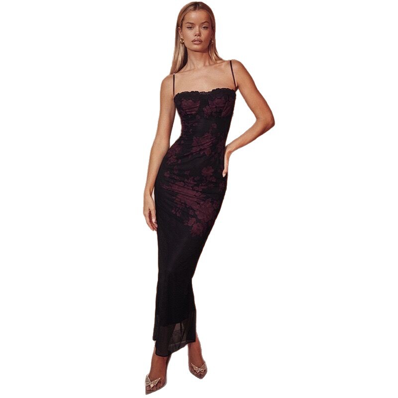 Estilo europeo y americano 2023 primavera y verano nueva ropa de mujer moda retro sexy encaje Slim vaina backless Sling vestido