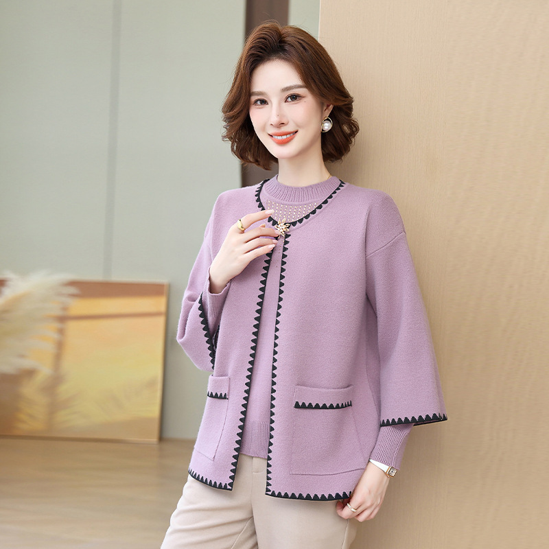 中老年女装针织外套毛衣洋气套装妈妈款春秋季两件套开衫上衣服，女装套装/套裙，妃慕昵服饰