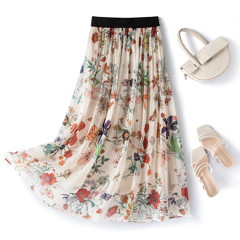 Women's Printed Silk Skirt Summer Mulberry Silk Floral Mid-length A- line Skirt 2025 New Style Large Waist Large Swing