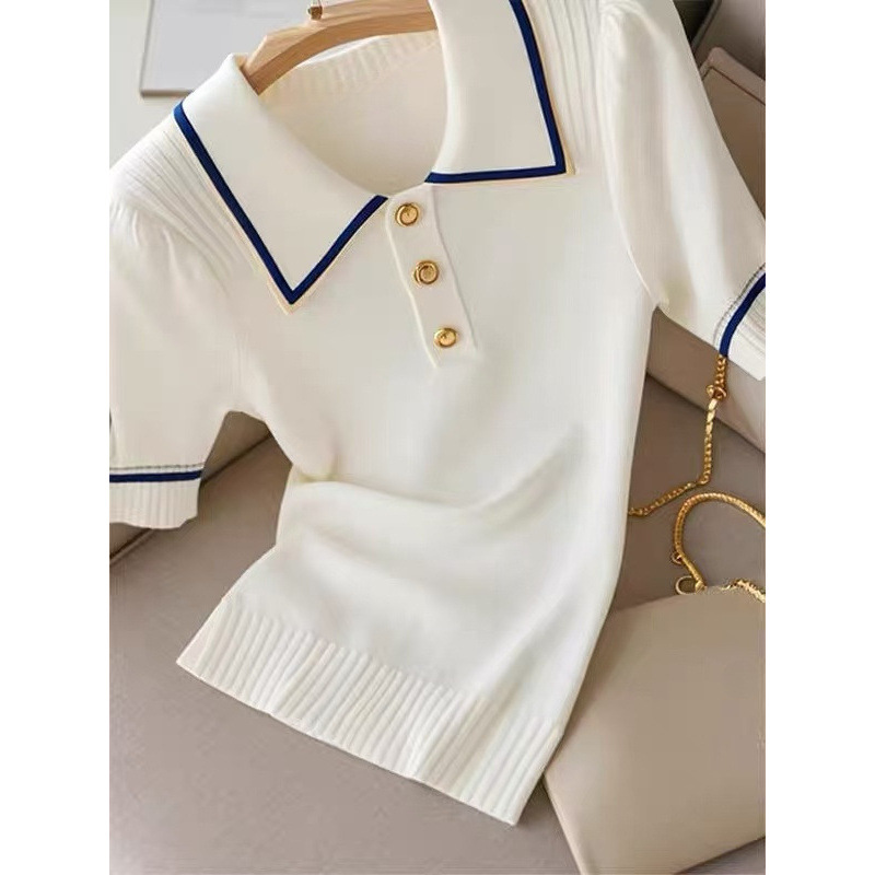 Women's Korean Style Color Block Striped Collared Short Sleeve T-Shirt Youthful Knitwear Top For Summer_ecoleips.com
