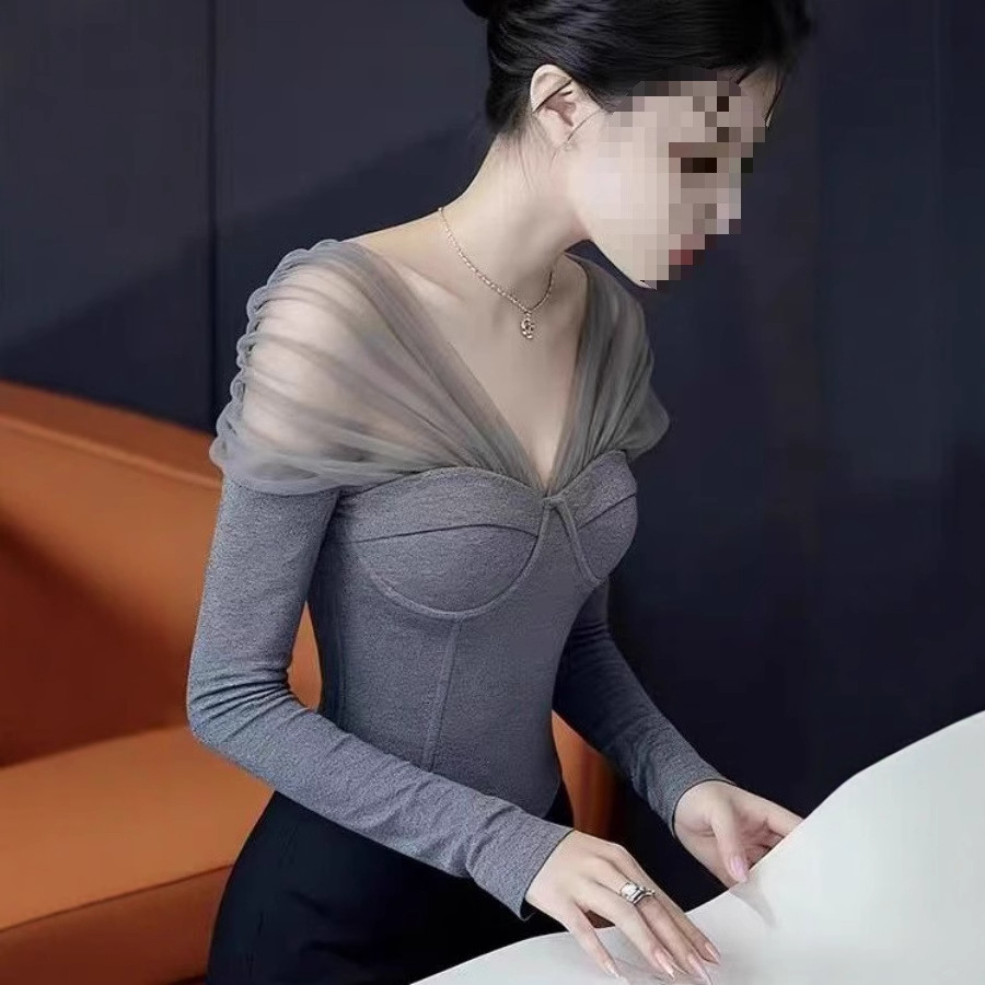 Pure Desire Sweet Hot Girl Mesh Splicing Off-Shoulder Bottoming Shirt Women's Inner Wear Autumn and Winter Slim Long-Sleeved Top Sleeveless