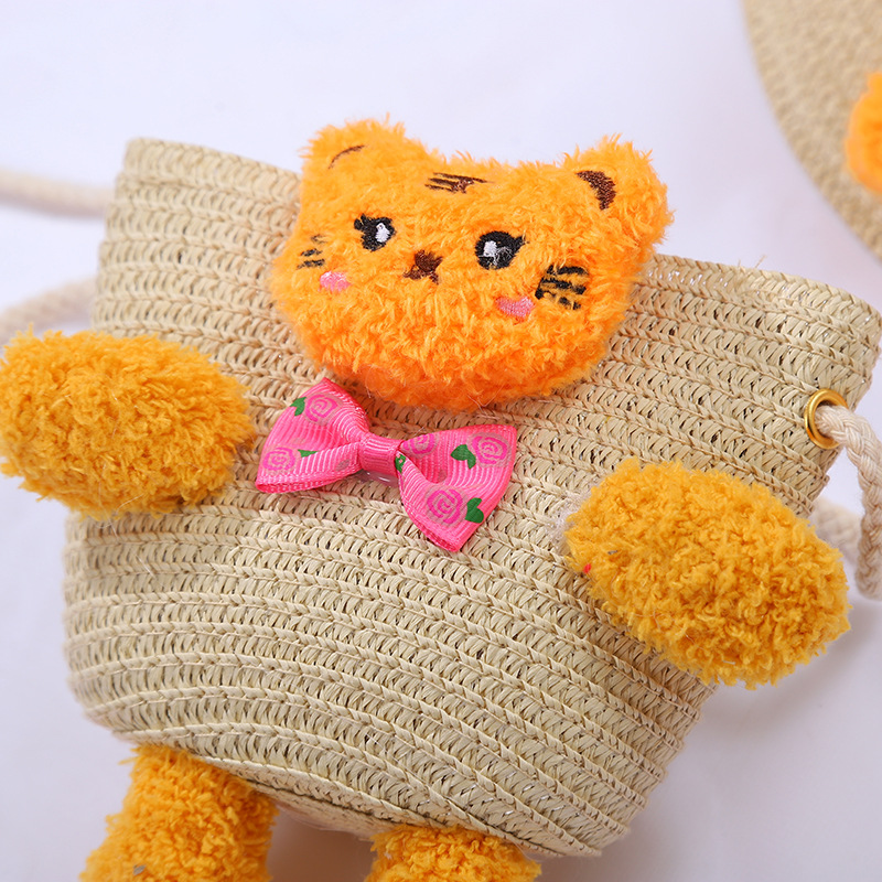 138g Weight Weave Fashion Element Zipper Closure Type Single Shoulder Strap Strap Type Straw Bag Bags Type Casual, Holiday Occasion Straw Material Animal, Cartoon Pattern Spring&Summer Season Kid'S Gender Cute Style Round, Bucket Shape Kid'S Straw Animal Cartoon Cute Weave Round Bucket Zipper Straw Bag 4