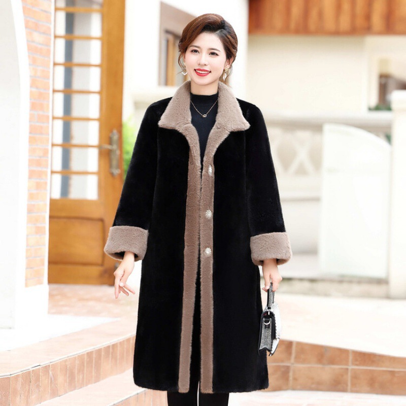 (2개) 어머니의 서양식 모방 밍크 양털 모피 코트 두꺼운 따뜻한 칼라 긴 모피 중년 및 노인 코트