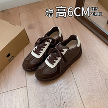 羊皮版~6cm内增高德训鞋女2026新款拼色系带运动鞋平底休闲阿甘鞋