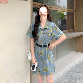 Y9Z港风复古气质印花收腰连衣裙女夏季新款时尚甜酷风牛仔衬