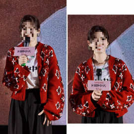 辛芷蕾同款红色复古提花针织开衫毛衣新年氛围感上衣短外套