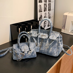 高級感牛仔布復古手提鉑金包包女2024跨境外貿批發通勤單肩斜挎包