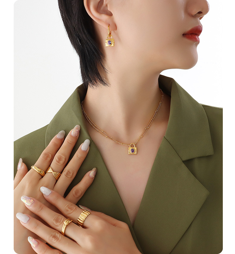 Fashion Lock Titanium Steel Inlay Zircon Earrings Necklace