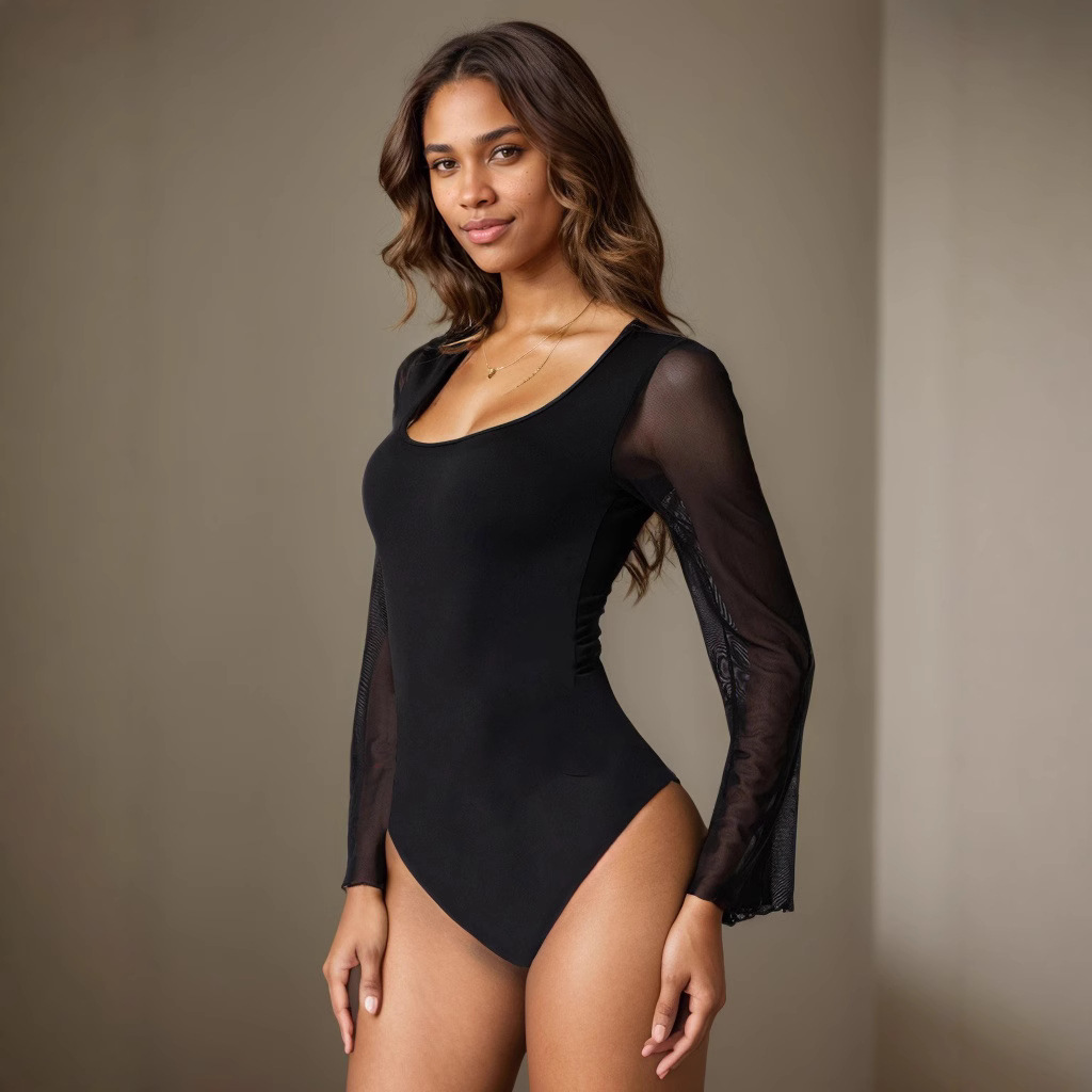 2025 Spring Fashion New Tight Sexy Slim U Neck Patchwork Mesh Sleeve Women