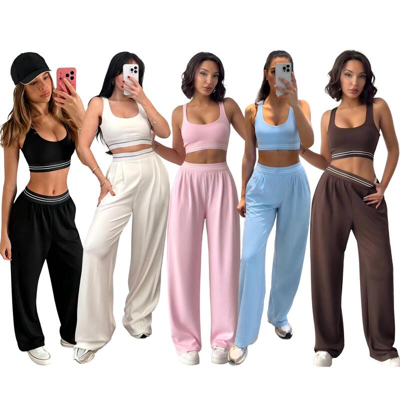 Fashionable Short Vest (with Chest Pads) Loose Straight-Leg Wide-Leg Pants Casual Fitness Yoga Set Q6378 Fashionable Short Vest (with Chest Pads) Loose Straight-Leg Wide-Leg Pants Casual Fitness Yoga Set Q6378