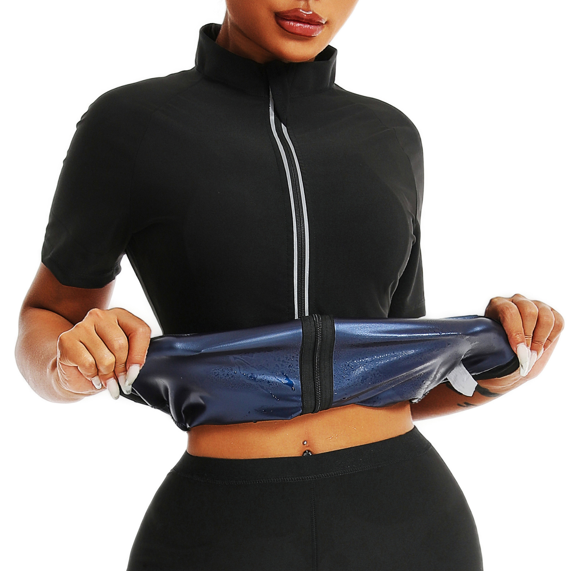クロスボーダー汗服ランニング発汗トレーニング服シェイプアップ美体ヨガ服女性用スポーツスタンドカラーコート爆汗服