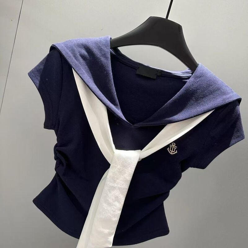 韩系学院风时尚撞色海军领短袖T恤女2025夏季新款修身显瘦上衣ins|undefined