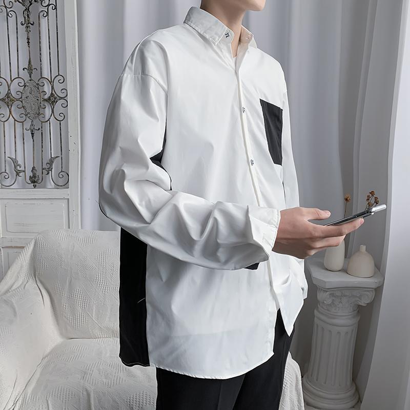 Men's Black And White Patchwork Long Sleeve Casual Shirt Trendy_voghion.com