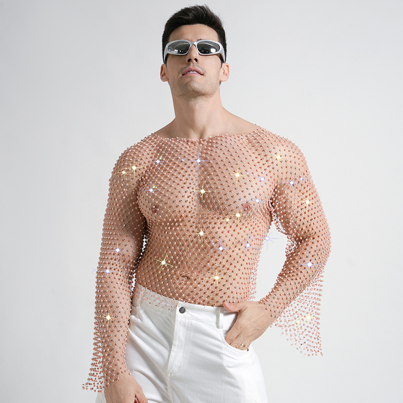 Cross-Border European and American Rhinestone Men's Vest Nightclub Mesh Rhinestone Long-Sleeved Top Sexy See-Through Rhinestone Top