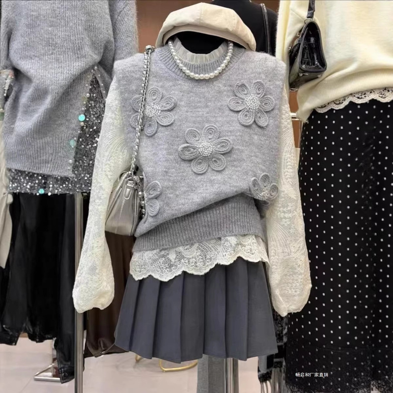 This Year's Popular Beautiful Suit for Women 2025 New Stereo Flower Sweater Vest + Lace Shirt Two-Piece Set