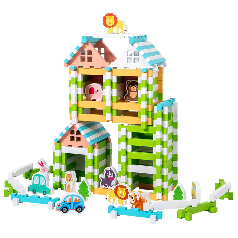 Rompecabezas para niños, construcción de bloques de construcción de educación temprana, 120 bloques de construcción de espiga y espiga, juguetes de madera ensamblados