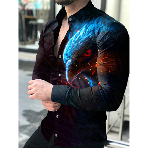 Cross-border Wish eBay Bestselling Collared 3D Printed Casual Fitted Long-Sleeve Shirt in Multiple Colors for Men