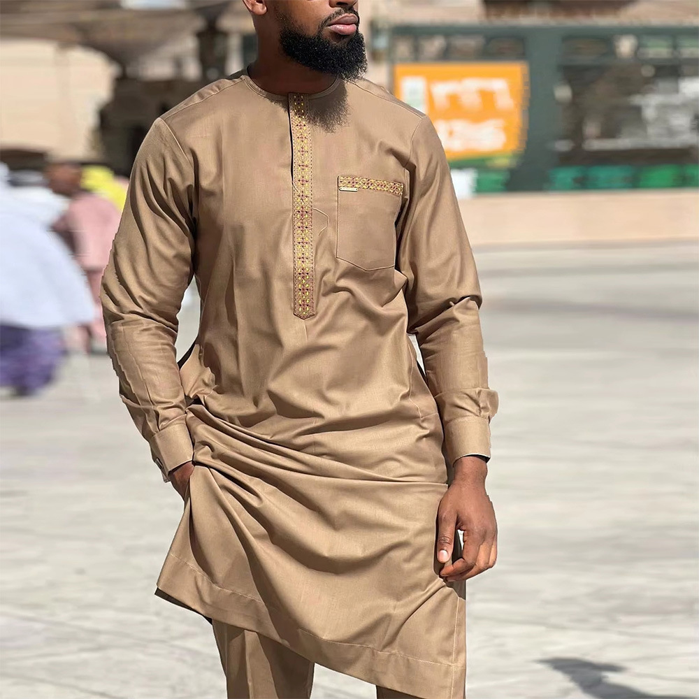 Traje de boda tradicional africano para hombre, conjunto de 2 piezas, cuello redondo, manga larga, top y pantalones, comercio exterior