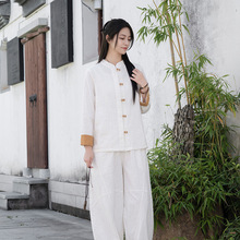 新中式国风棉麻女装盘扣拼色立领开衫批发小单定制中式茶服工作服