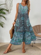D 76095 Printed Sleeves V Neck Dress ӡ����������ȹ